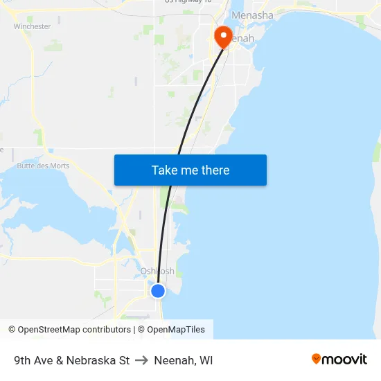 9th Ave & Nebraska St to Neenah, WI map