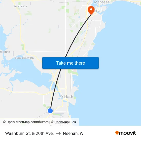 Washburn St. & 20th Ave. to Neenah, WI map