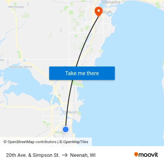 20th Ave. & Simpson St. to Neenah, WI map