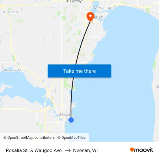 Rosalia St. & Waugoo Ave. to Neenah, WI map