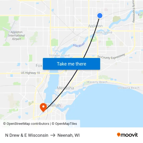 N Drew & E Wisconsin to Neenah, WI map