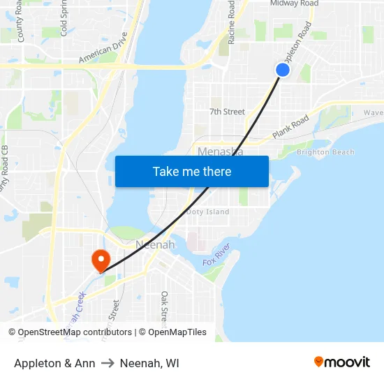 Appleton &  Ann to Neenah, WI map