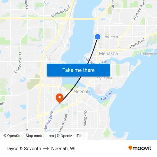 Tayco & Seventh to Neenah, WI map