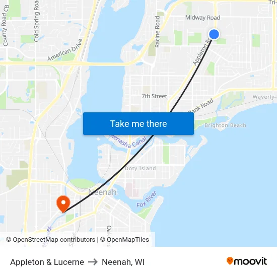 Appleton & Lucerne to Neenah, WI map
