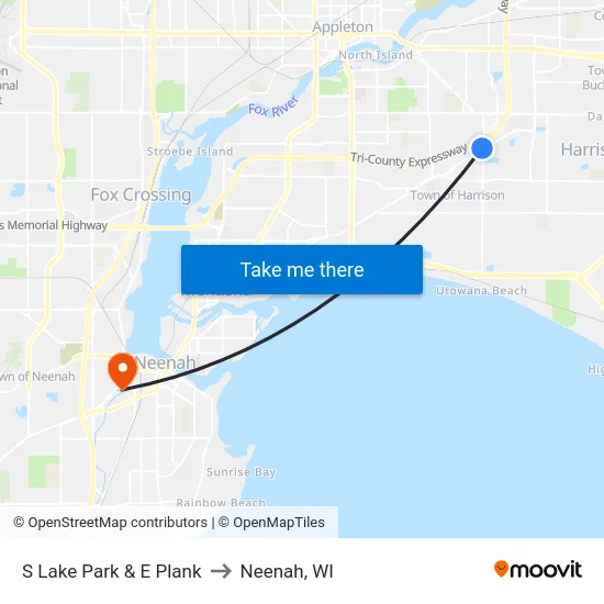 S Lake Park & E Plank to Neenah, WI map