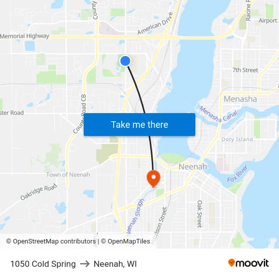 1050 Cold Spring to Neenah, WI map