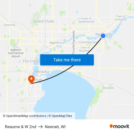 Reaume & W 2nd to Neenah, WI map
