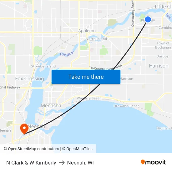 N Clark & W Kimberly to Neenah, WI map