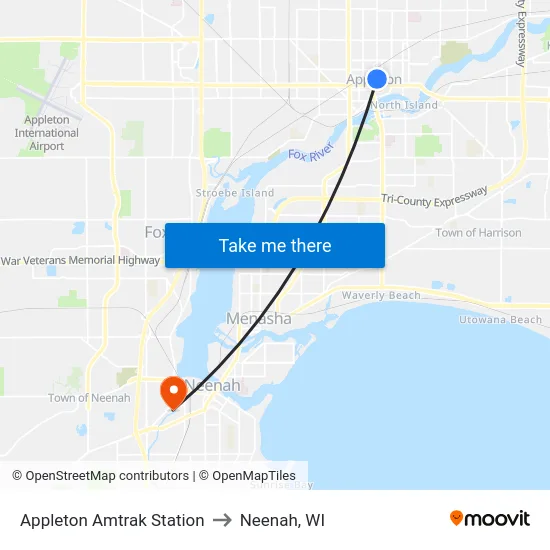 Appleton Amtrak Station to Neenah, WI map