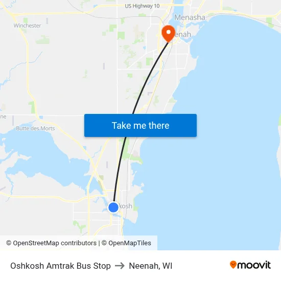 Oshkosh Amtrak Bus Stop to Neenah, WI map