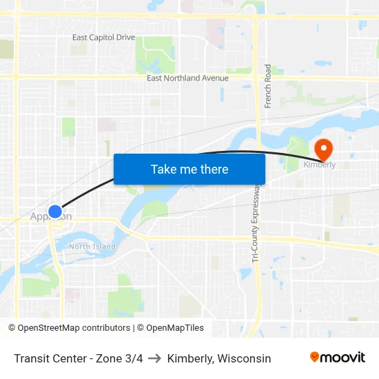 Transit Center - Zone 3/4 to Kimberly, Wisconsin map