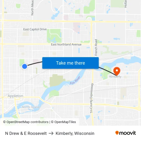 N Drew & E Roosevelt to Kimberly, Wisconsin map