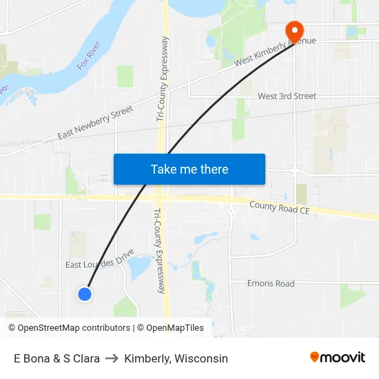 E Bona & S Clara to Kimberly, Wisconsin map