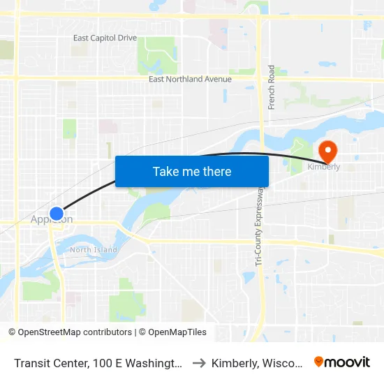 Transit Center, 100 E Washington St to Kimberly, Wisconsin map