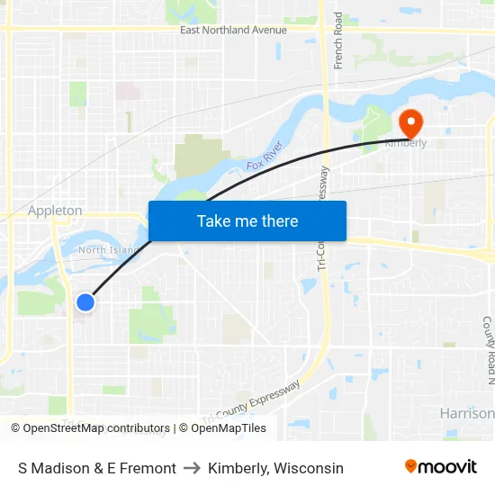 S Madison & E Fremont to Kimberly, Wisconsin map