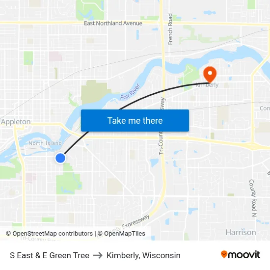 S East & E Green Tree to Kimberly, Wisconsin map