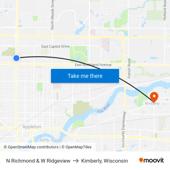 N Richmond & W Ridgeview to Kimberly, Wisconsin map