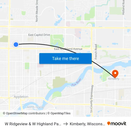 W Ridgeview & W Highland Park to Kimberly, Wisconsin map