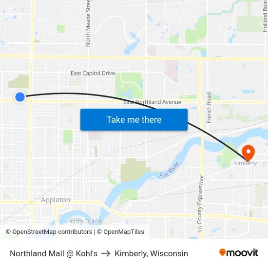 Northland Mall @ Kohl's to Kimberly, Wisconsin map