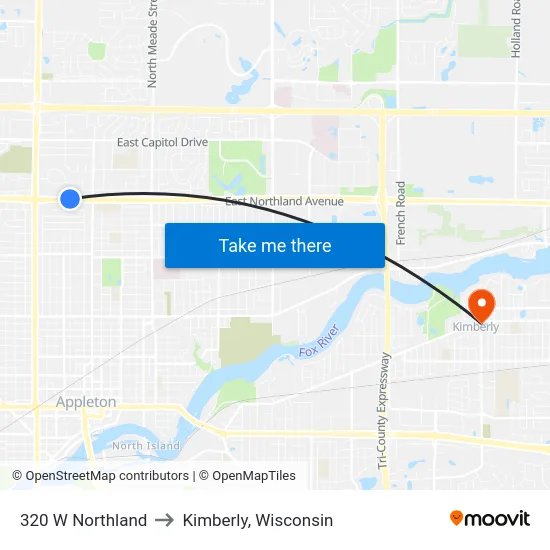 320 W Northland to Kimberly, Wisconsin map