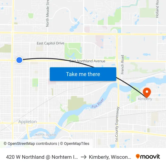 420 W Northland @ Norhtern Inn to Kimberly, Wisconsin map