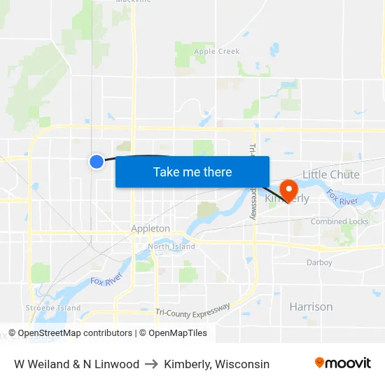 W Weiland & N Linwood to Kimberly, Wisconsin map