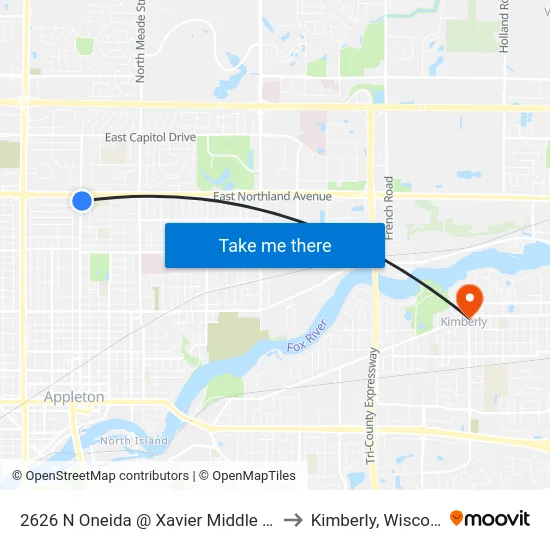 2626 N Oneida @ Xavier Middle School to Kimberly, Wisconsin map