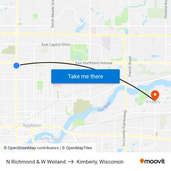 N Richmond & W Weiland to Kimberly, Wisconsin map