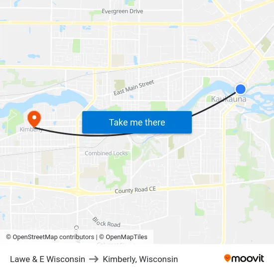 Lawe & E Wisconsin to Kimberly, Wisconsin map