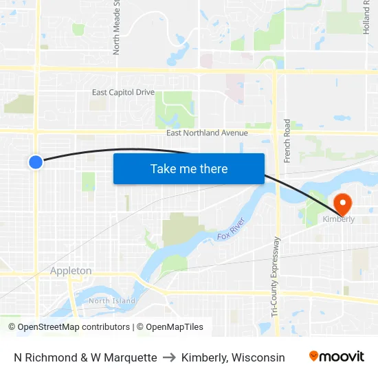 N Richmond & W Marquette to Kimberly, Wisconsin map