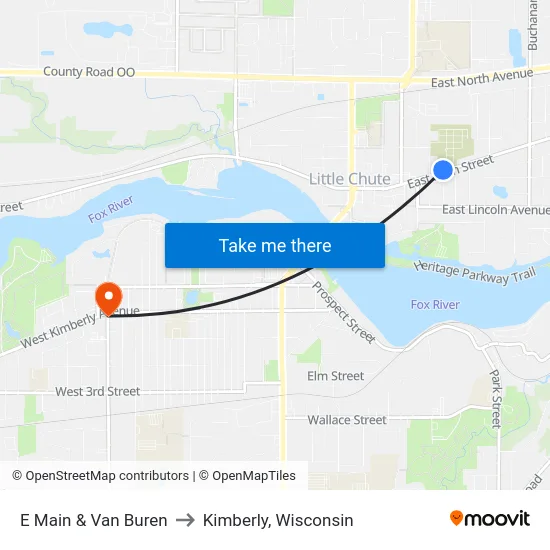 E Main & Van Buren to Kimberly, Wisconsin map