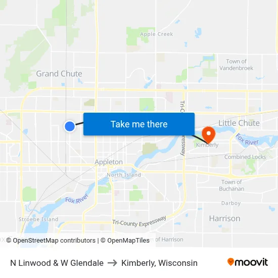 N Linwood & W Glendale to Kimberly, Wisconsin map