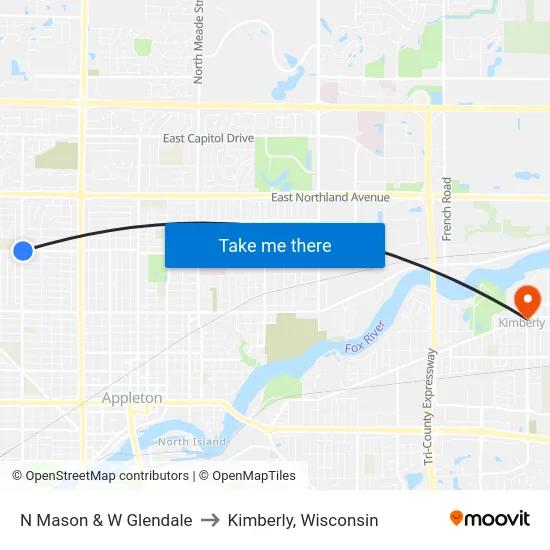 N Mason & W Glendale to Kimberly, Wisconsin map