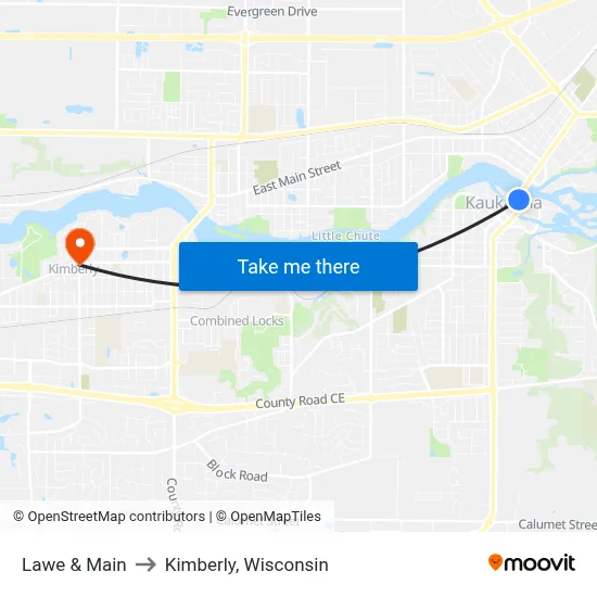 Lawe & Main to Kimberly, Wisconsin map