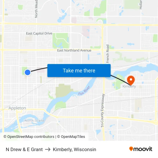 N Drew & E Grant to Kimberly, Wisconsin map