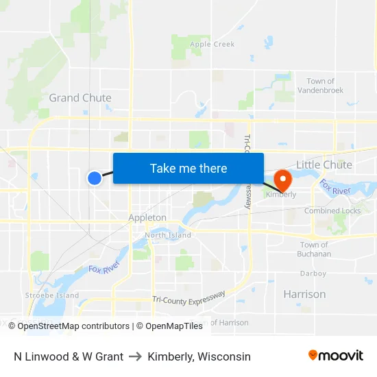 N Linwood & W Grant to Kimberly, Wisconsin map
