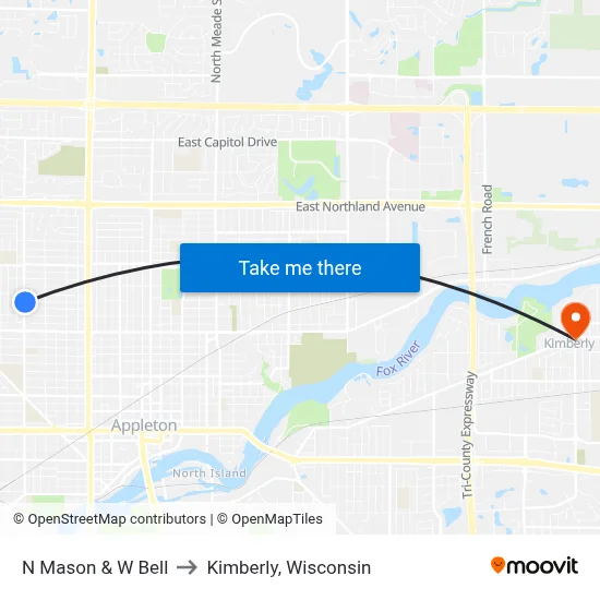 N Mason & W Bell to Kimberly, Wisconsin map