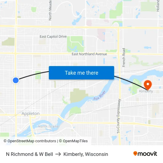 N Richmond & W Bell to Kimberly, Wisconsin map