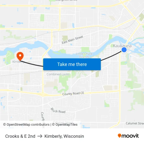 Crooks & E 2nd to Kimberly, Wisconsin map