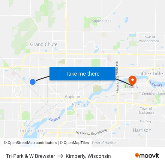 Tri-Park & W Brewster to Kimberly, Wisconsin map