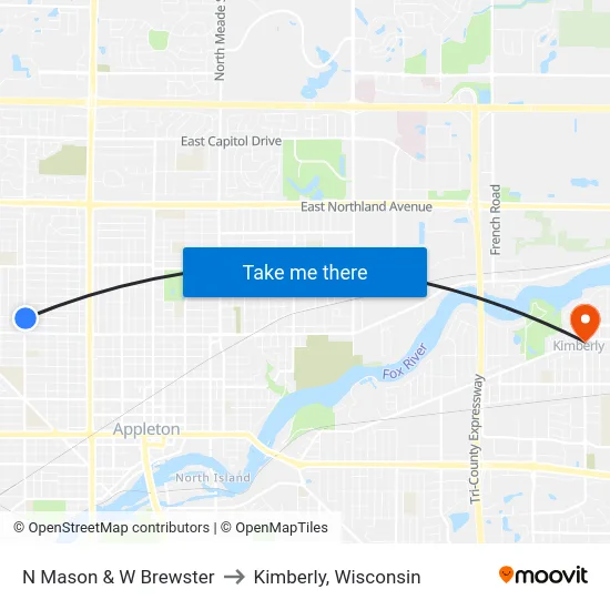 N Mason & W Brewster to Kimberly, Wisconsin map