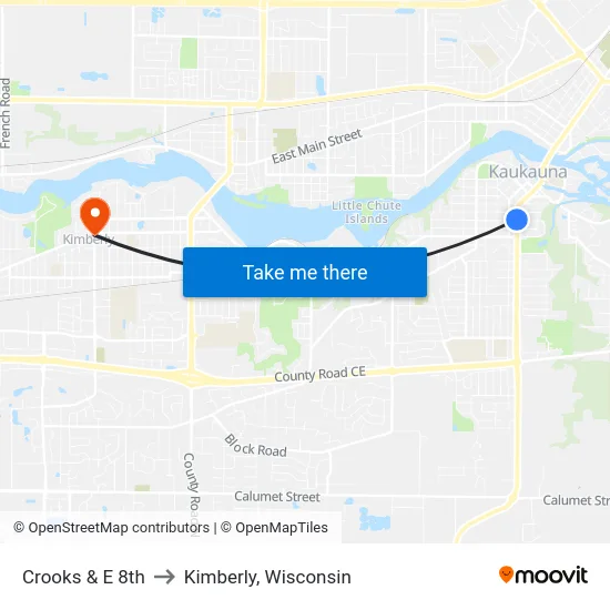 Crooks & E 8th to Kimberly, Wisconsin map