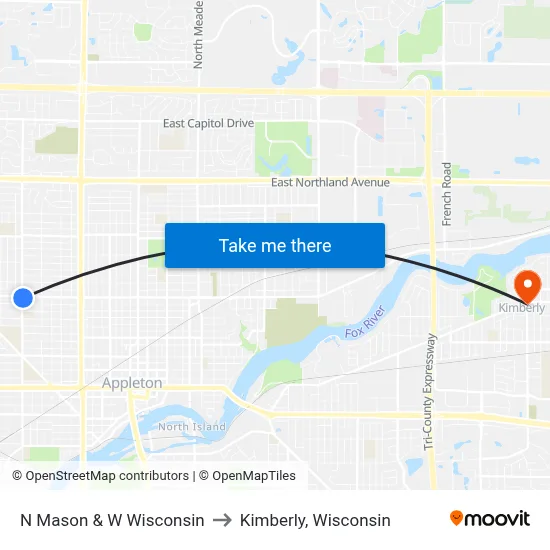 N Mason & W Wisconsin to Kimberly, Wisconsin map