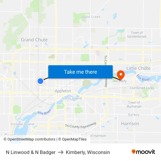 N Linwood & N Badger to Kimberly, Wisconsin map