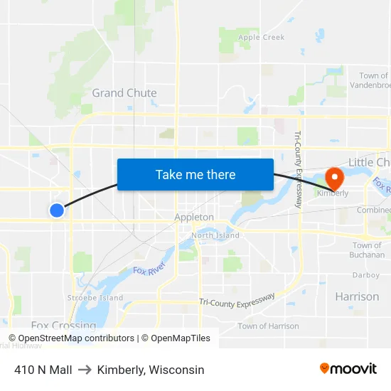 410 N Mall to Kimberly, Wisconsin map