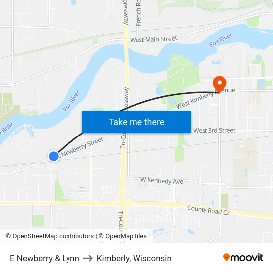 E Newberry & Lynn to Kimberly, Wisconsin map