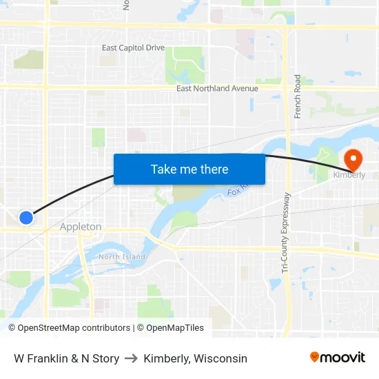 W Franklin & N Story to Kimberly, Wisconsin map