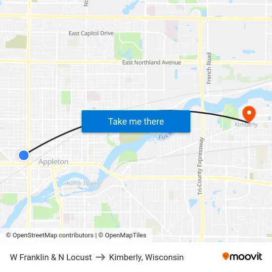 W Franklin & N Locust to Kimberly, Wisconsin map