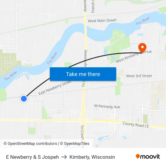 E Newberry & S Jospeh to Kimberly, Wisconsin map