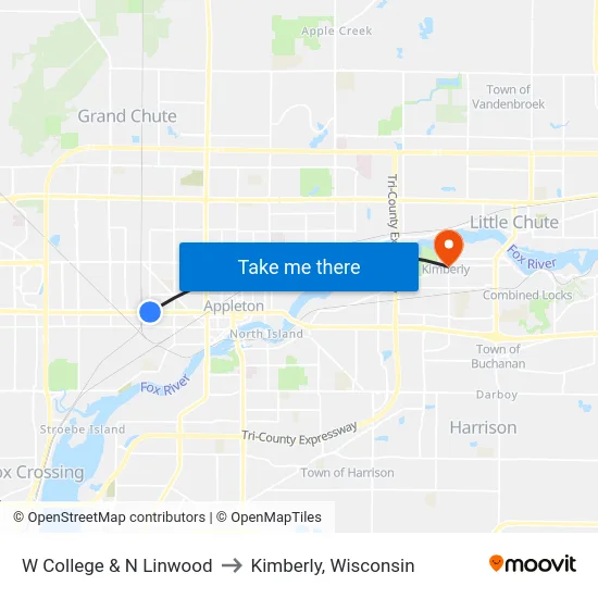 W College & N Linwood to Kimberly, Wisconsin map